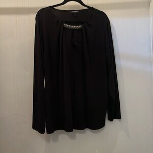 Black, long sleeve blouse with embellished, neckline and peekaboo opening